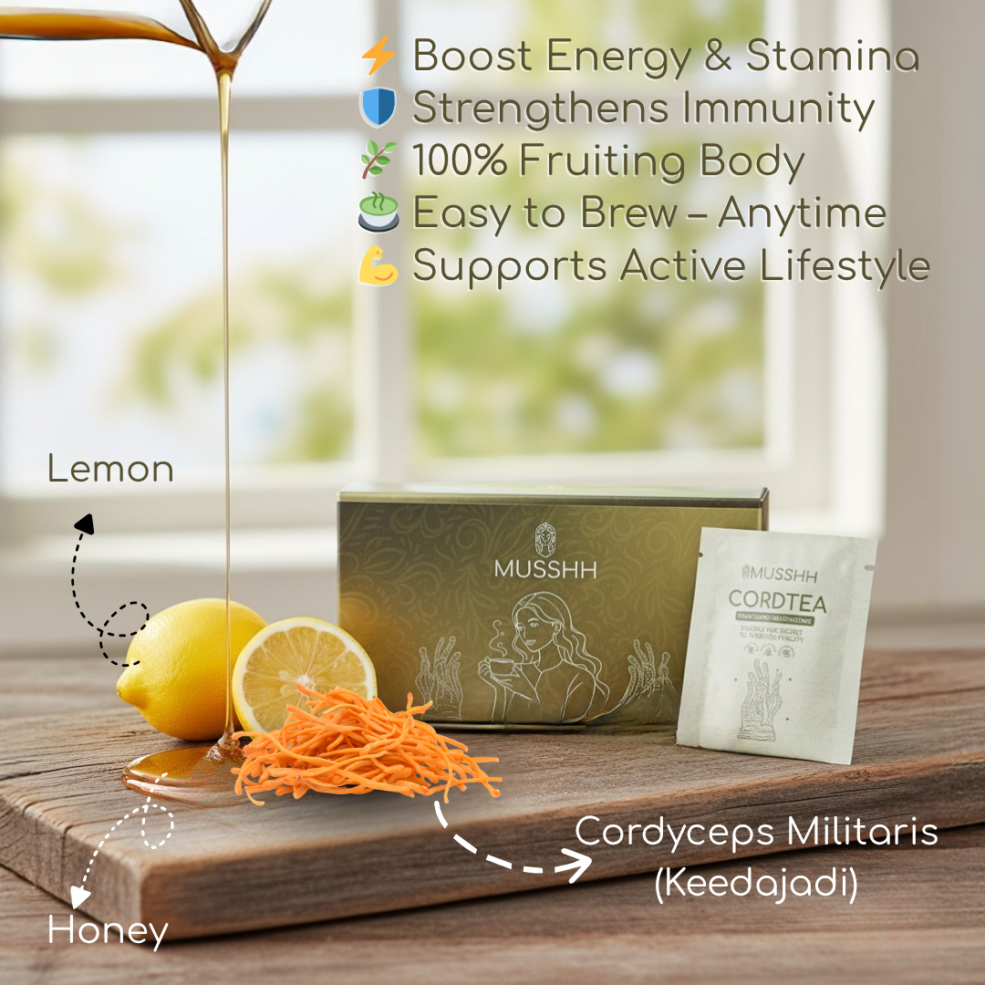 MUSHH tea package with lemon, honey, and cordyceps on a wooden surface.