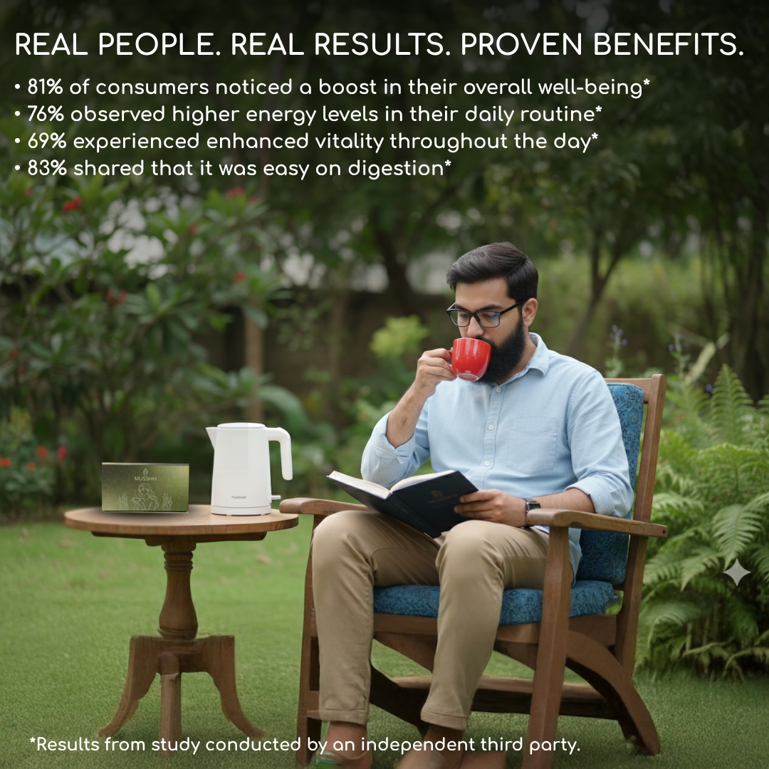 Man sitting outdoors drinking coffee and reading a book with text about product benefits.