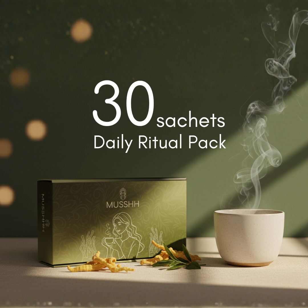 MUSHH daily ritual pack with a cup and herbs on a dark background
