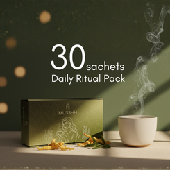 MUSHH daily ritual pack with a cup and herbs on a dark background